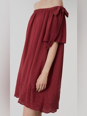 LOFT Off or On Shoulder Wine Mini Dress with Tie Sleeve & Embroidered Hem
